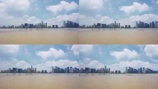 航拍夕阳下钱塘江和杭州钱江新城CBD建筑高清在线视频素材下载