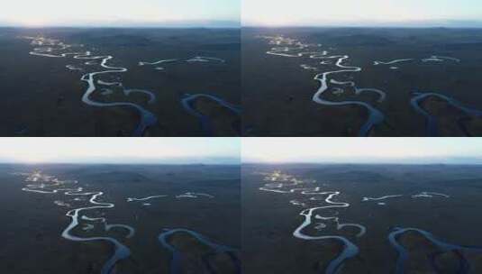 航拍内蒙古牧场河湾暮色高清在线视频素材下载