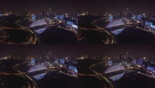 武汉晴川桥夜景片段6低空推近俯拍高清在线视频素材下载