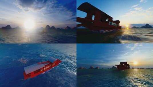 4K 夕阳下远行的南湖红船高清在线视频素材下载