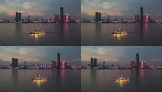 武汉长江城市江景船舶游船夜景航拍风光高清在线视频素材下载