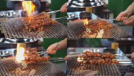 美食烧烤店烤肉喷火羊肉串探店美味餐饮高清在线视频素材下载