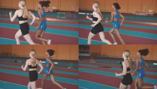 两个女人在体育馆赛跑高清在线视频素材下载
