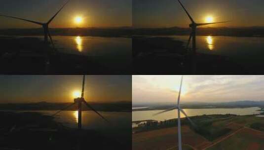 一组风力发电机的航拍加地拍4k高清在线视频素材下载