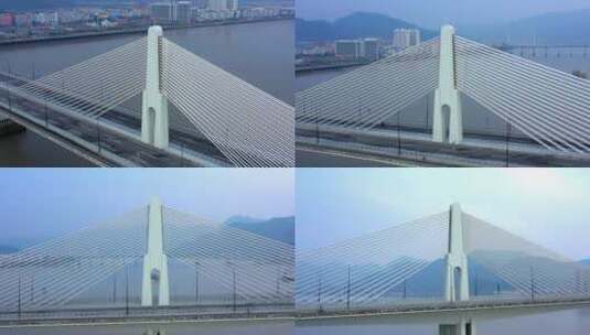 航拍温州大桥阴天江景车流高清在线视频素材下载