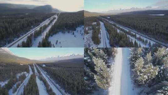 航拍雪景森林中行驶的火车高清在线视频素材下载