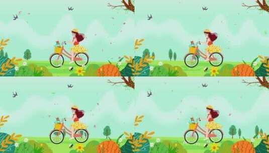 春游卡通女孩骑车踏青动态背景高清在线视频素材下载