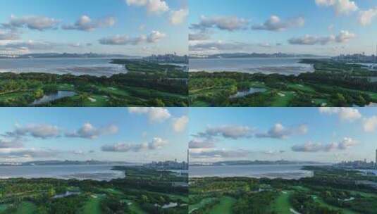 4K原创深圳沙河高尔夫深圳湾大景航拍视频高清在线视频素材下载