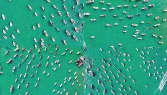 青岛栈桥海面上的快艇俯拍鸟瞰视角高清在线视频素材下载