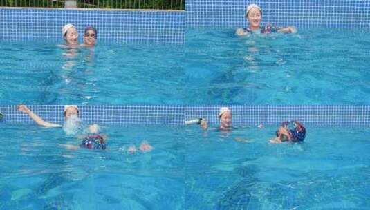夏天游泳池小男孩和妈妈一起游泳玩耍高清在线视频素材下载