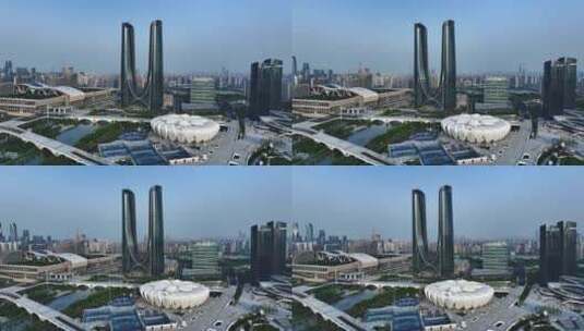 航拍杭州亚运主题公园奥体中心体育馆高清在线视频素材下载
