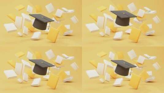 毕业帽与白色的书本漂浮高清在线视频素材下载