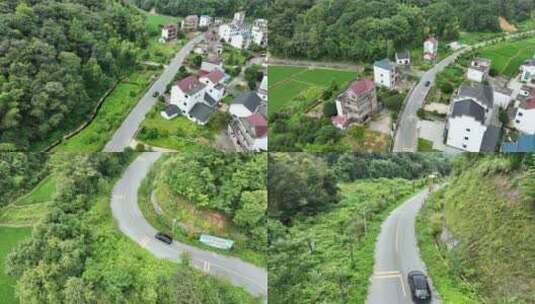 汽车行驶乡村公路航拍车辆行驶农村道路风景高清在线视频素材下载