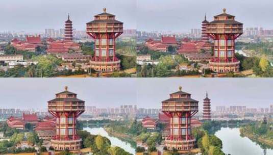 航拍扬州高旻寺运河河道寺庙塔游客全景空景高清在线视频素材下载