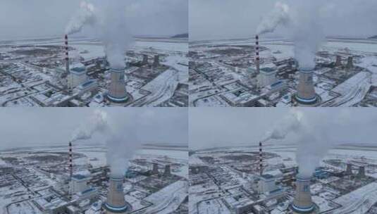 航拍北方雪原发电厂高清在线视频素材下载