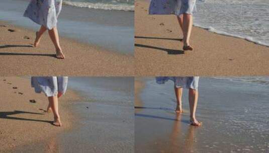 少女光脚走在沙滩上，蓝色裙子高清在线视频素材下载