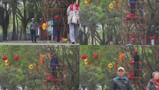 阳江市市政工人安装春节灯笼高清在线视频素材下载