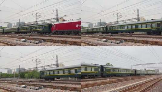 快速行驶在铁路上的绿皮火车高清在线视频素材下载