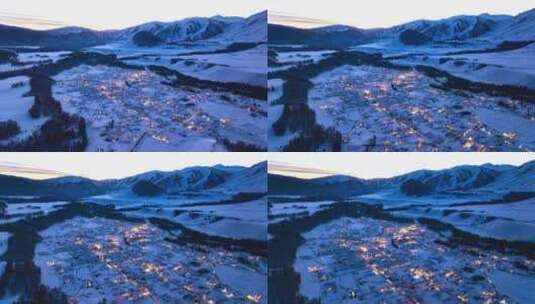 新疆阿勒泰禾木雪山航拍延时日转夜高清在线视频素材下载