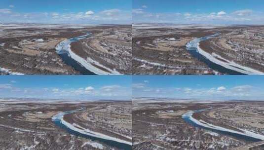 呼伦贝尔早春冰雪消融的河流高清在线视频素材下载