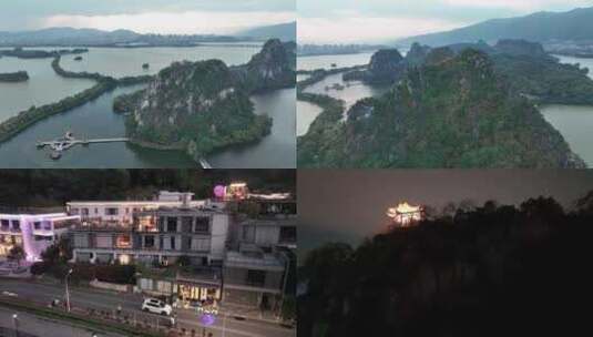 航拍广东肇庆星湖风景区和肇庆古城墙高清在线视频素材下载