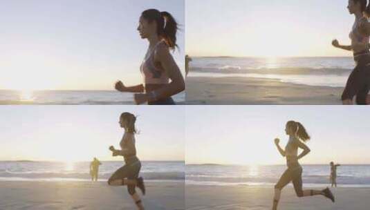 夏季阳光下的女子跑步者、速度和海滩训练，高清在线视频素材下载