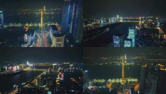 长沙湘江桥梁夜景航拍高清在线视频素材下载