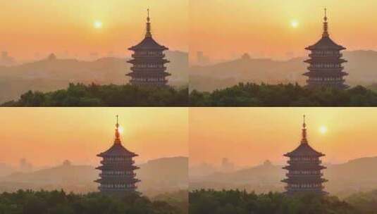 航拍清晨日出杭州西湖风景区雷峰塔建筑同框高清在线视频素材下载