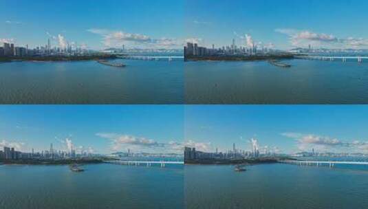 海上视角航拍深圳湾公园高清在线视频素材下载