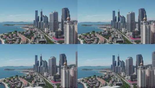 航拍青岛城市海岸线金融区建筑景观高清在线视频素材下载