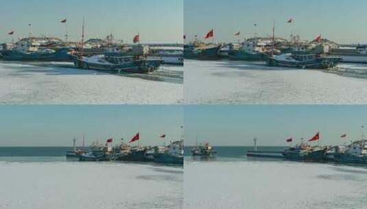 海边港口避风港渔船春季破冰出海打鱼高清在线视频素材下载