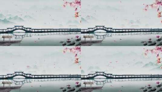 中国风廊桥山川动态背景高清在线视频素材下载
