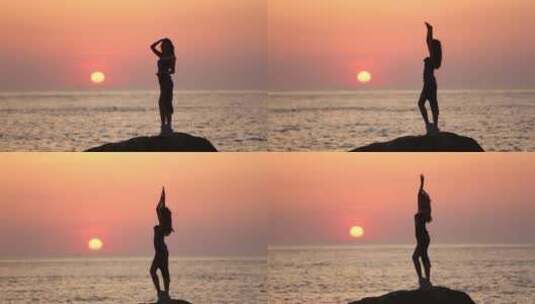 山东烟台夕阳落日下，大海边跳舞的女孩剪影高清在线视频素材下载