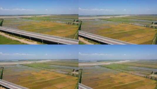 道路交通农业-黄河大桥与稻田灌溉高清在线视频素材下载