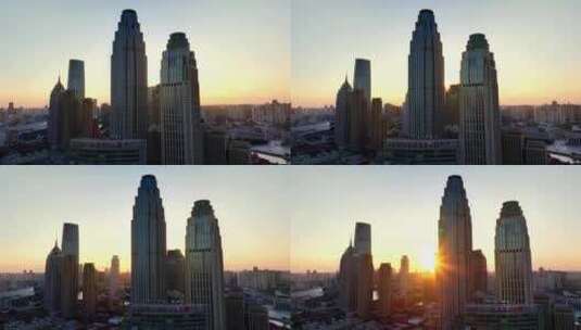 落日金色时刻的天津市津湾广场津塔建筑高清在线视频素材下载