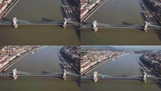 夏日匈牙利布达佩斯多瑙河上空的航拍镜头高清在线视频素材下载
