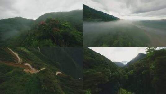 FPV无人机机航拍秘鲁森林树林高山公路白云高清在线视频素材下载