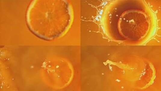橙片落入橙汁飞溅高清在线视频素材下载