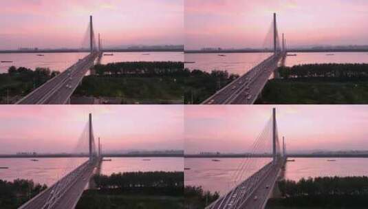 南京江心洲长江大桥和长江的晚霞风光高清在线视频素材下载