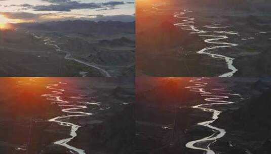 航拍西藏珠峰蜿蜒曲折河流日落风光高清在线视频素材下载