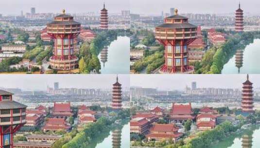 航拍扬州高旻寺运河河道寺庙塔游客全景空景高清在线视频素材下载