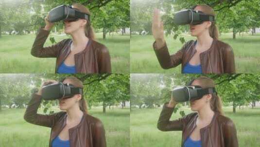 女人在公园里使用现代虚拟现实眼镜高清在线视频素材下载