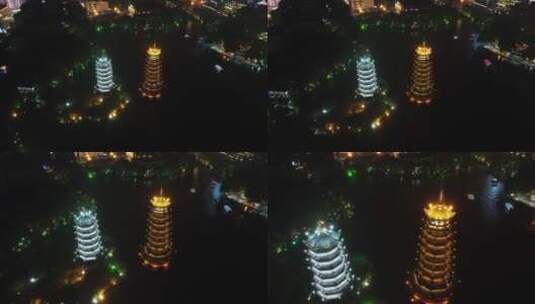 航拍广西桂林日月双塔夜景高清在线视频素材下载