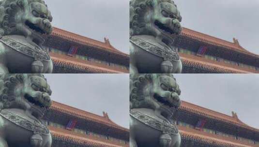 故宫下雪宫殿古建筑雄狮麒麟太和门高清在线视频素材下载
