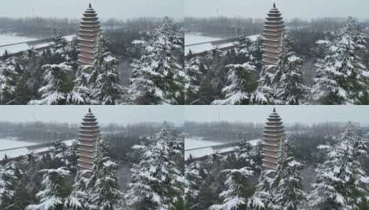 洛阳白马寺齐云塔寺院航拍雪景冬季高清在线视频素材下载