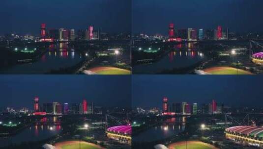 义乌城市地标建筑亮灯庆祝建党百年 航拍高清在线视频素材下载