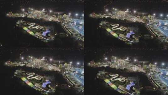 航拍上海玛雅水上乐园游乐设施夜景全景高清在线视频素材下载