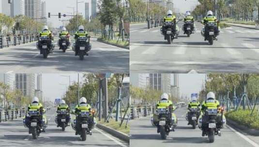 交警驾驶警用摩托在城市道路上巡逻高清在线视频素材下载