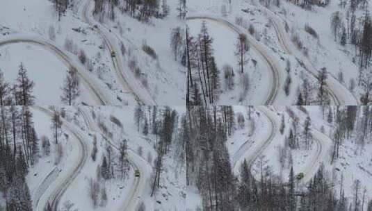 航拍汽车行驶在冬天新疆喀纳斯的山路上高清在线视频素材下载