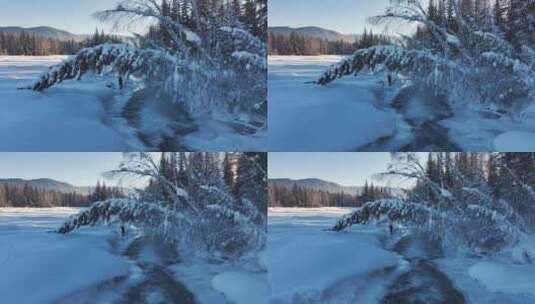 阿勒泰禾木冬季冰雪河流瀑布航拍风景高清在线视频素材下载